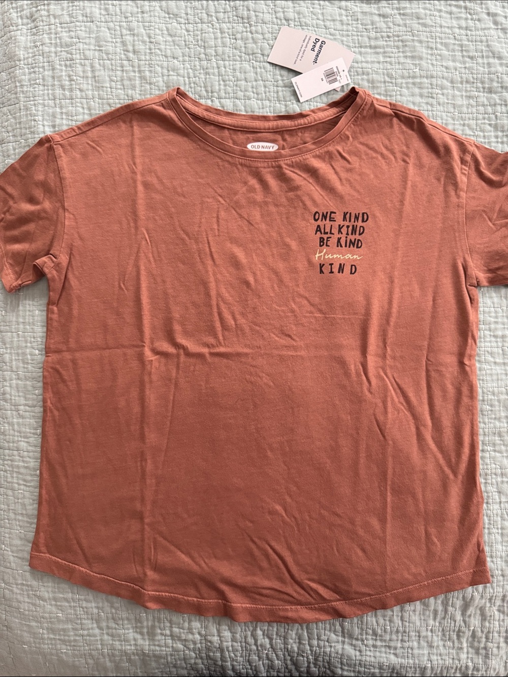 Old Navy Womenโs Coral Crewneck Tee with 'Be Kind' Chest Print